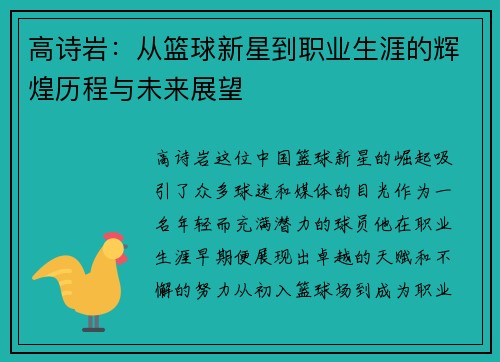 高诗岩：从篮球新星到职业生涯的辉煌历程与未来展望